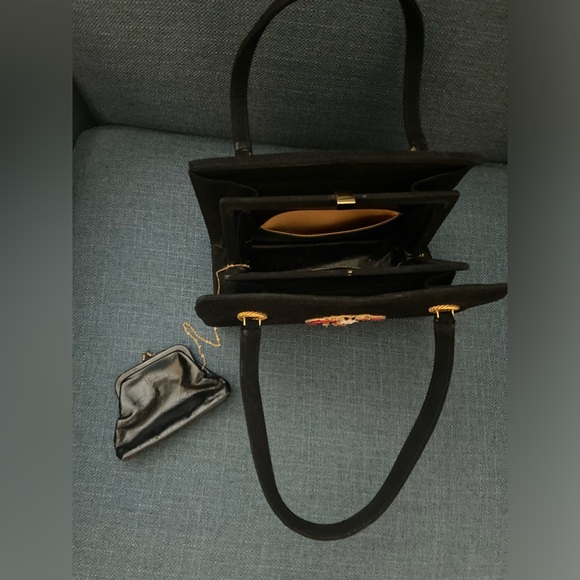 Vintage 2 Pieces Black Suede Leather Top Handle Handbag Gold Hardware Bee Accent - Picture 8 of 16